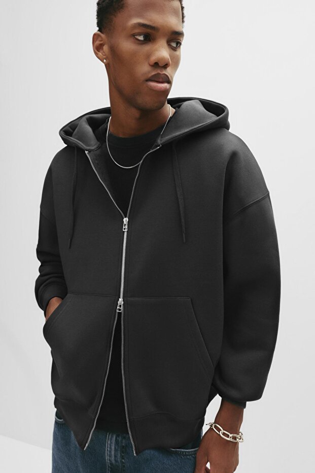 Basic kapüşonlu fermuarlı sweatshirt - 5