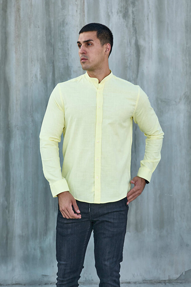 Sari Hakim Collar Lycra Linen Cotton Slim Fit Shirt