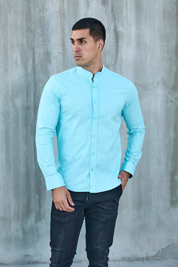 Turquoise Judgement Collar Lycra Linen Cotton Slim Fit Shirt