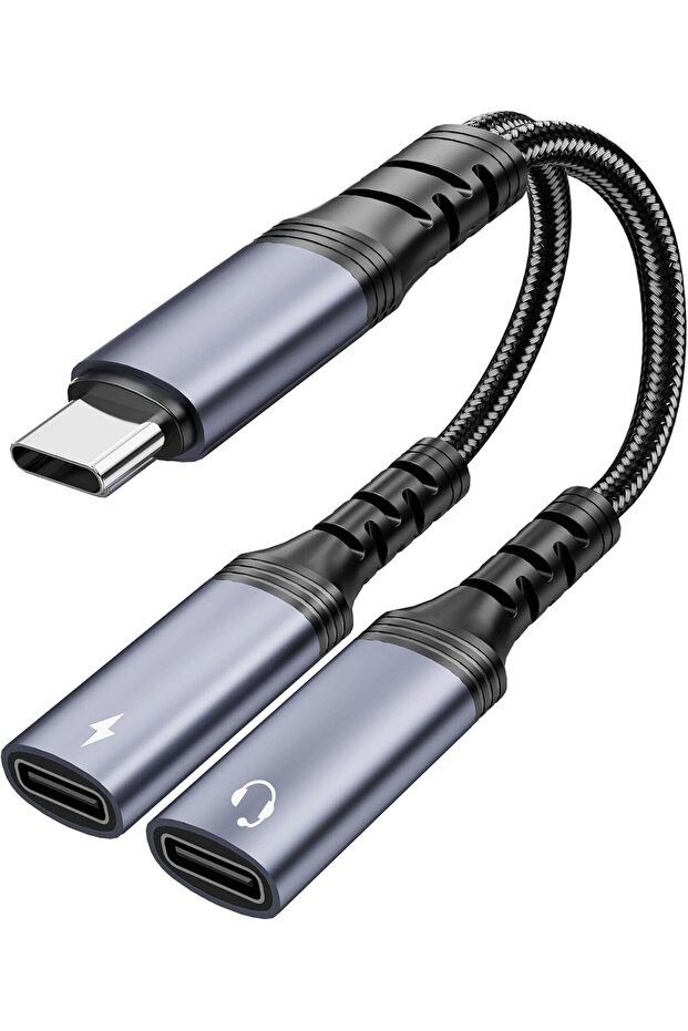 كابل شاحن سريع PD فضي مزدوج C بقوة 60 وات، موزع USB-C 2 في 1، سماعات رأس من النوع C