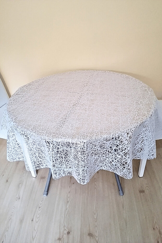 Transparent Oil-Cloth Coating Lace Look Round Table Cloth -137 cm Diameter -White Color-Hsr