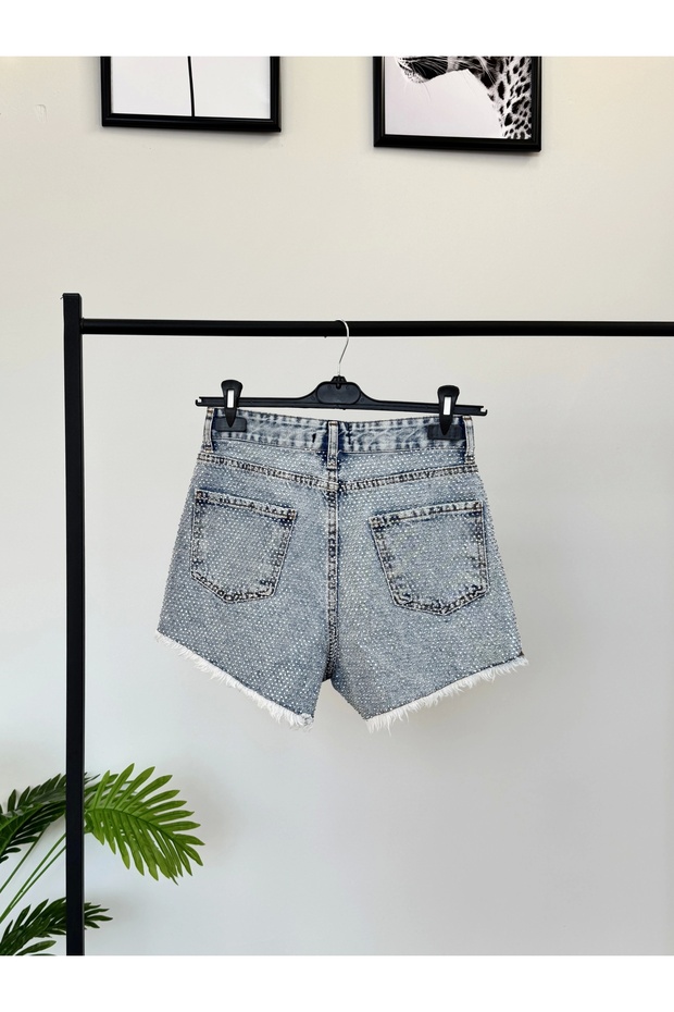 Taşlı Kot Şort - 5