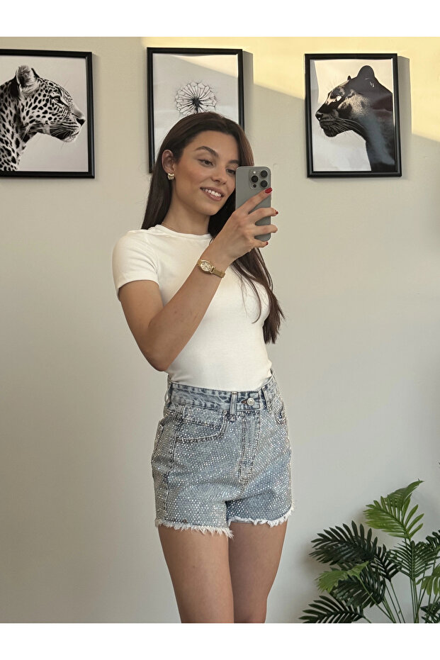Taşlı Kot Şort - 1