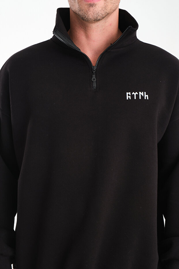 Turkish Printed Oversize Half-Zip Sweatshirt with Rollable Stand-Up Collar 3 Thread Premium Quality