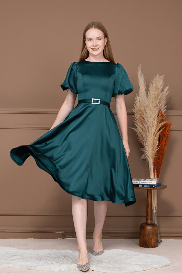 Satin Belt Detail Midi Dress - Emerald Green