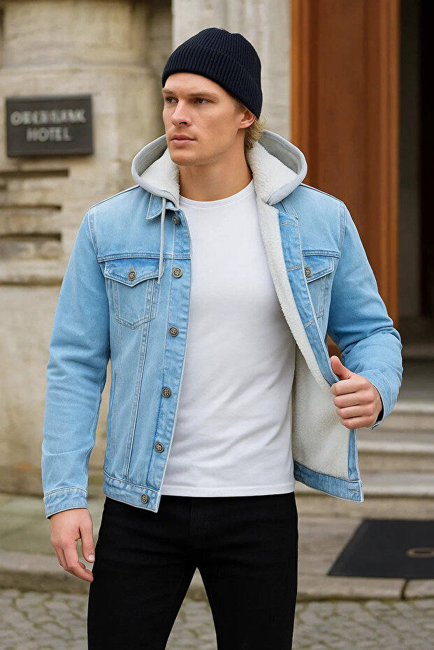 Men's Fur Winter Loose Bm Blue Hooded Denim Jacket