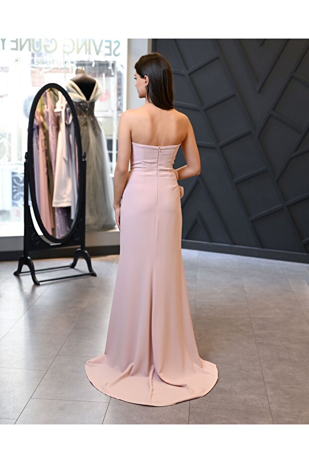 Straplez çiçek aplikli detaylı yırtmaçlı krep abiye(AÇIKLAMA KISMINI LÜTFEN OKUYUNUZ) - 4