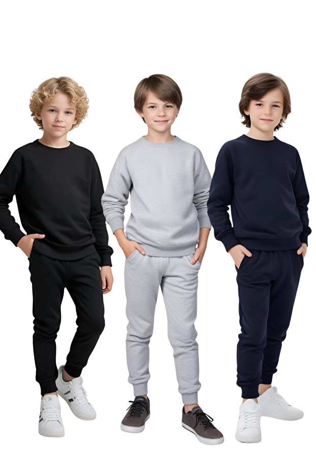 3-Piece Round Neck Unprinted Plain Basic Boys' Tracksuit Set