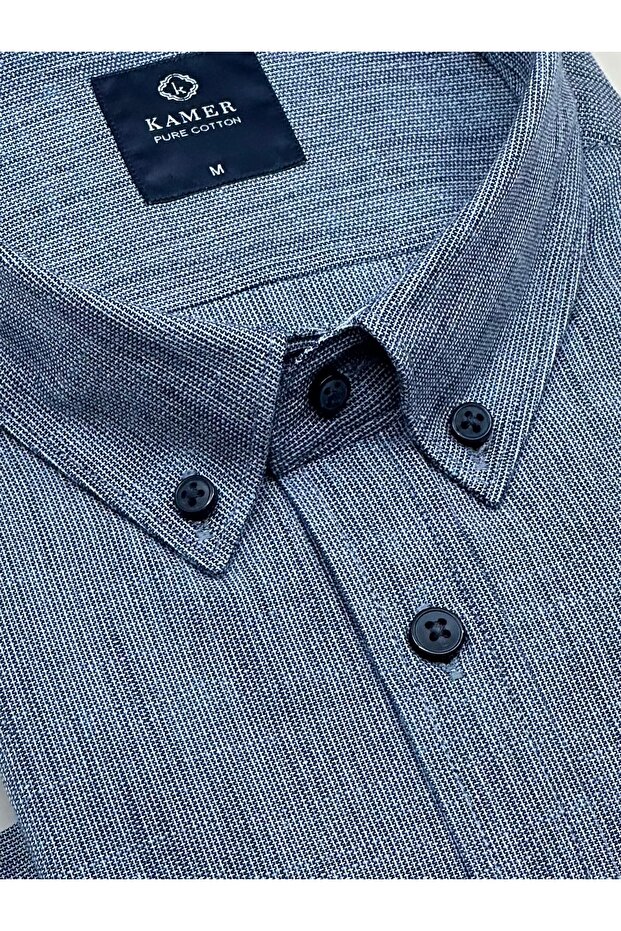 ERKEK REGULAR FIT UZUN KOL %100 PAMUK DÜĞMELİ YAKA TEK CEPLİ MAVİ GÖMLEK 3814M - 2
