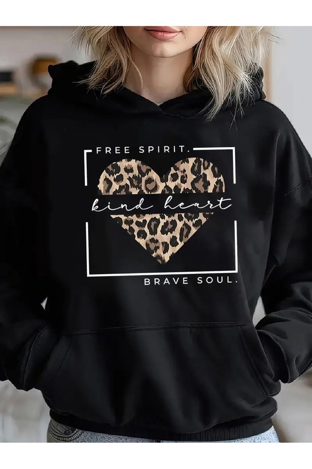 Women's Free Spirit Printed Hooded Gray Black Sweatshirt Oversize Loose