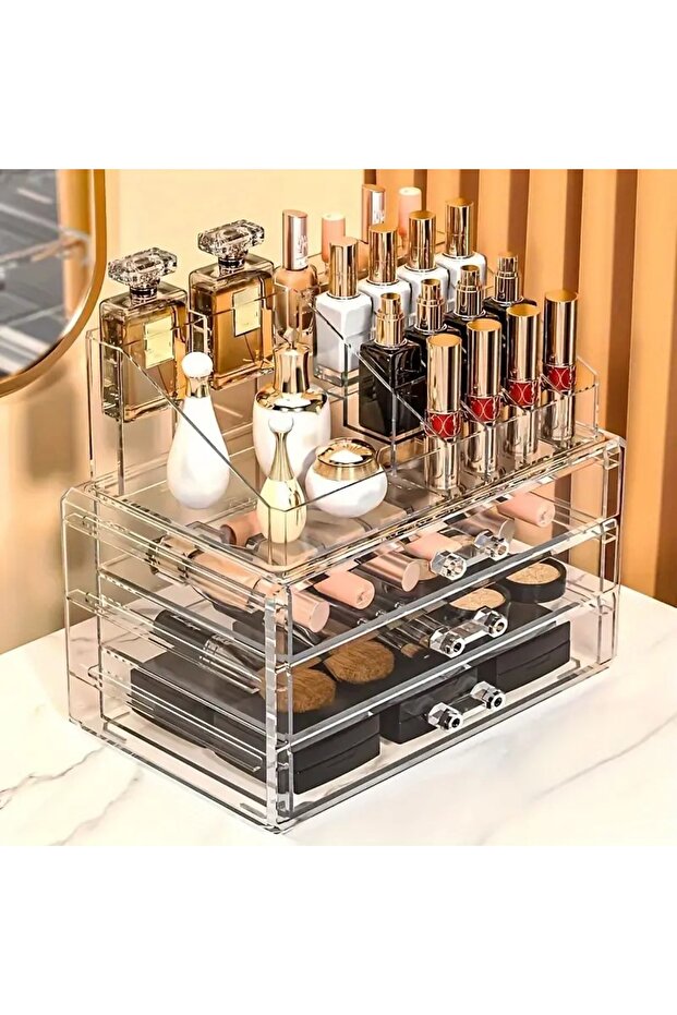 2-Piece Organizer Set – 3 Drawers, 16 Compartments Makeup-Jewelry and Cosmetics Organizer Box Transparent