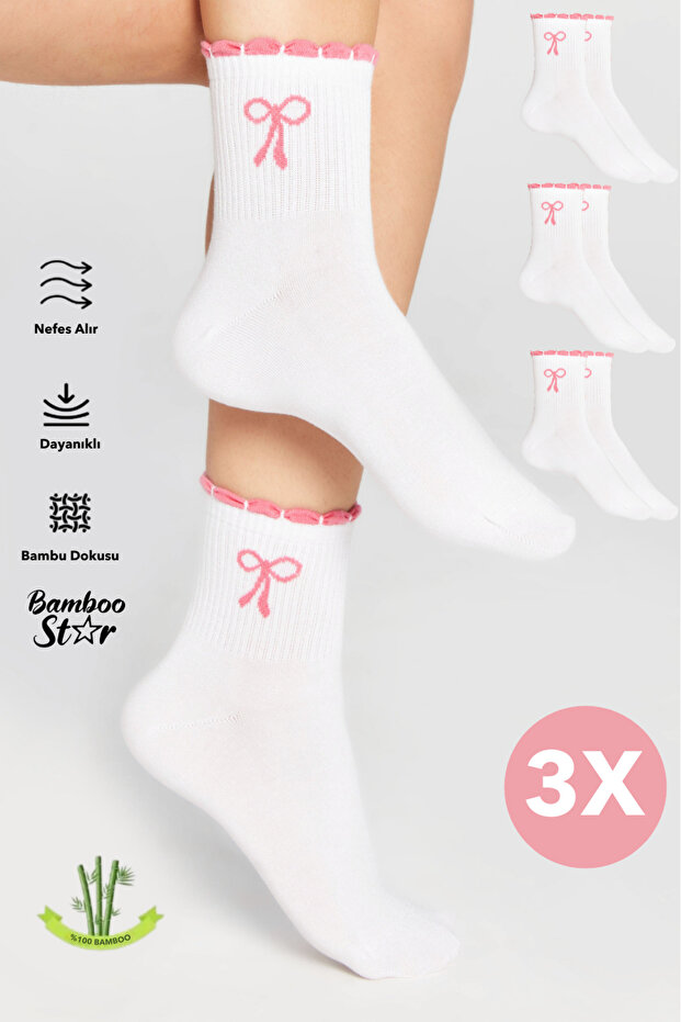 Bamboo Women's Pink Ruffled Tennis College Bow Patterned Premium Seamless White Socks 3-Pack