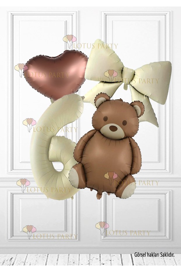 6 Years Old Brown Retro Bear - Cream Number Balloon - 1 Cream Bow Foil Balloon - 1 Brown Heart