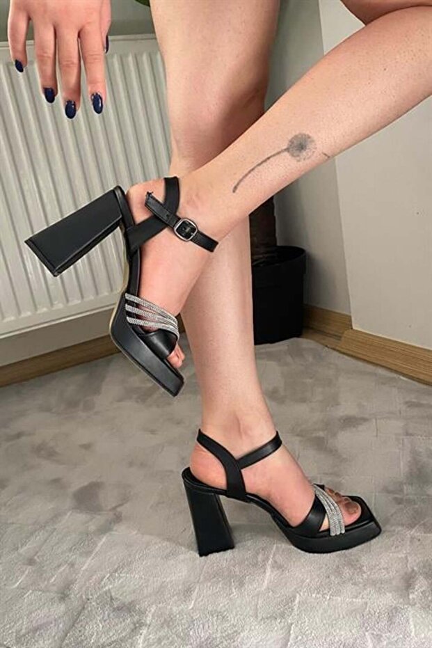 Women's Black Cross-Strapped Stone 10 cm Platform Heeled Shoes