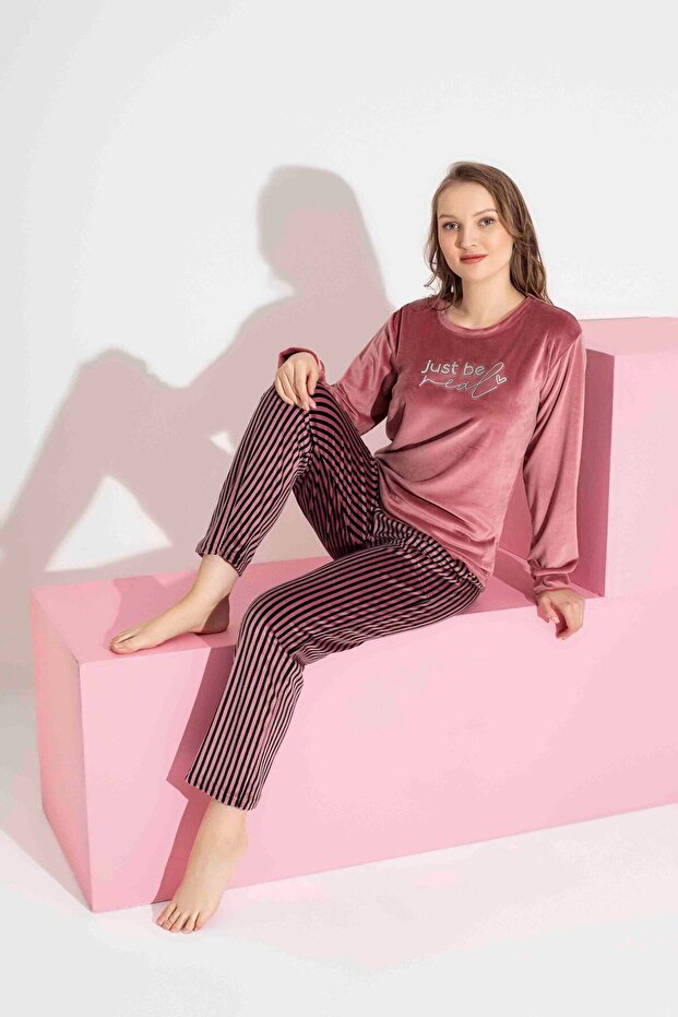 Women's Stripe Pattern Long Sleeve French Velvet Fabric Winter Warm Pajama Set