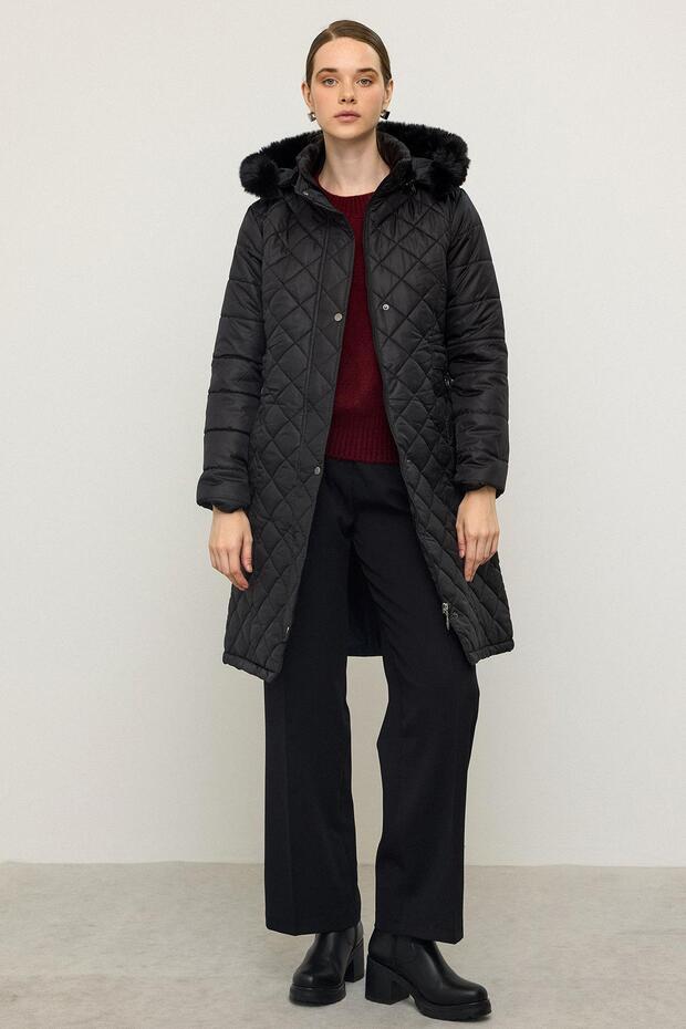 Detachable Fur-Trimmed Hooded Quilted Jacket with Metal Accents BLACK 6790