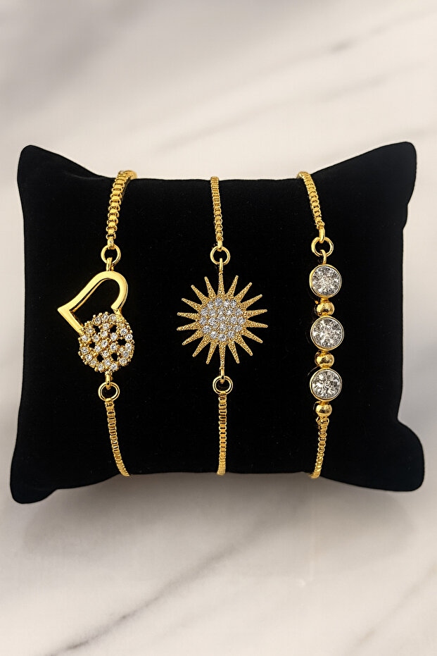 Gold Color Triple Stone Bracelet Set – Elegant Design with Heart, Sun, and Zircon Stones