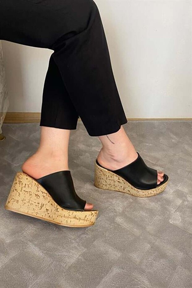 Women's Black Leather 10 cm Thick Cork Sole Slippers K-920