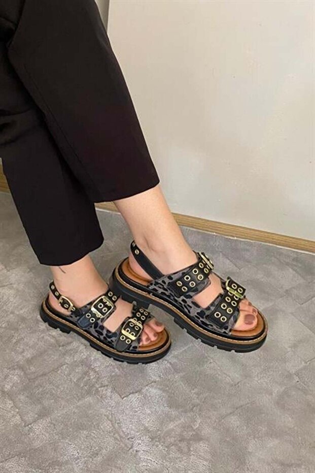 Women's Black Leopard Double Strap Capsule and Vardola Detailed Thick Sole Orthopedic Sandals K-120