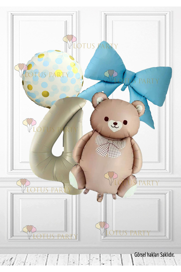 4 Years Old Caramel Retro Bear - Cream Number Balloon - Blue Bow Foil Balloon - Gold Blue Patterned Balloon