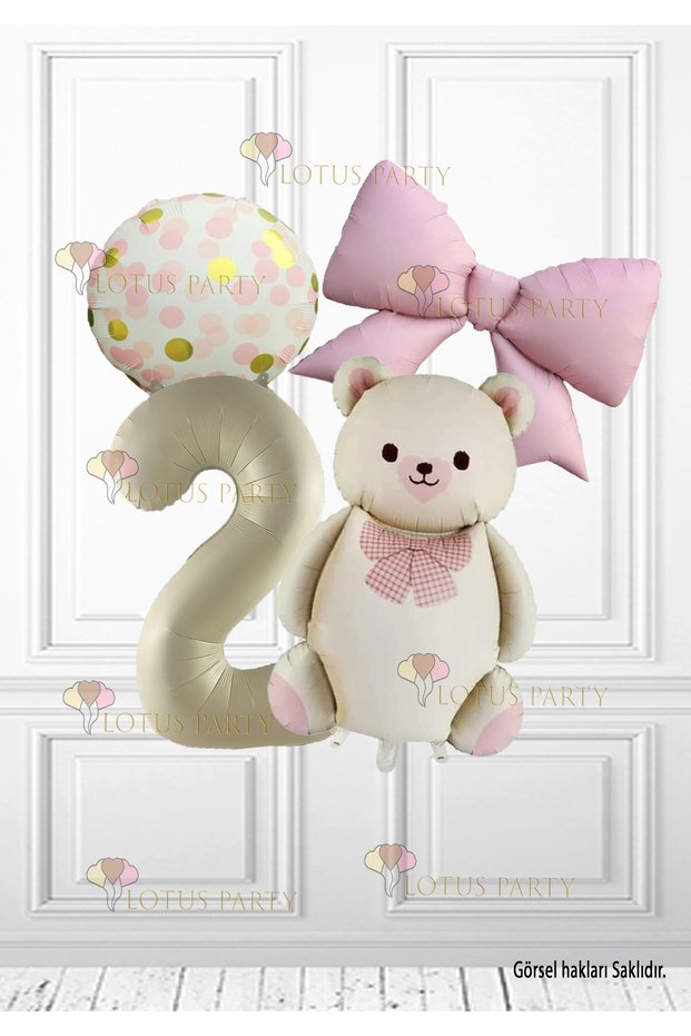 2 Year Old Beige Retro Bear - Cream Number Balloon - Pink Bow Foil Balloon - Gold Pink Patterned Balloon
