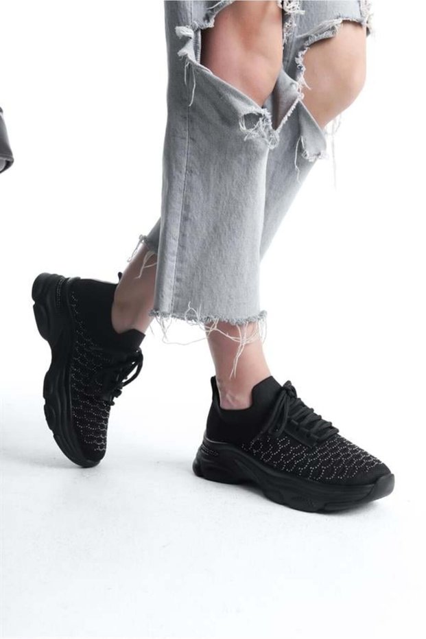 Women's Black Knitwear Stone Sports Shoes & Sneakers