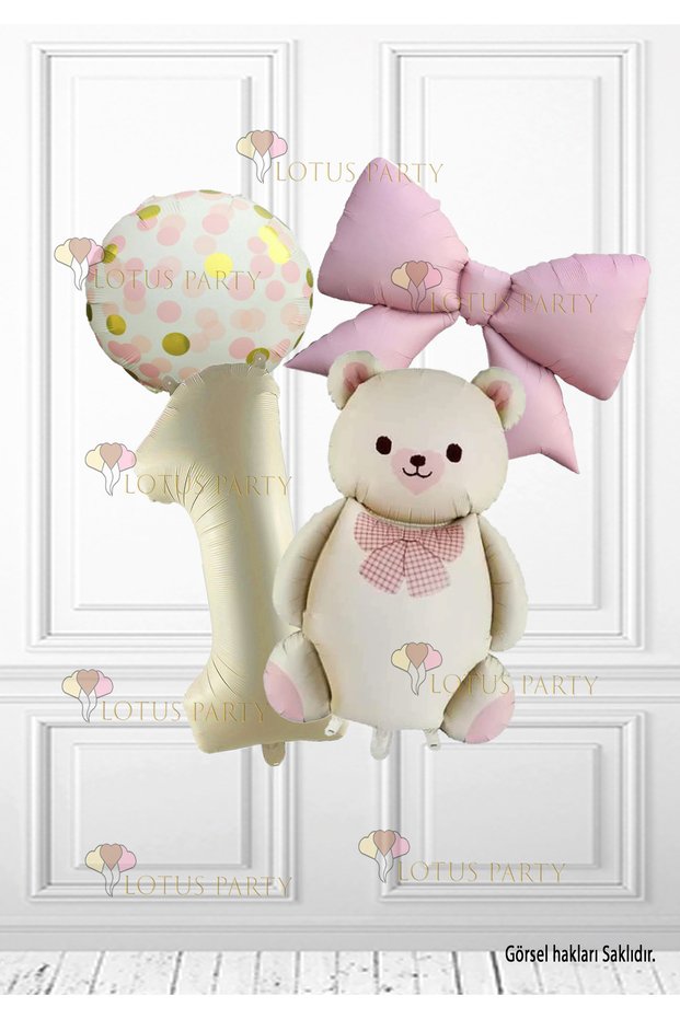 1 Year Old Beige Retro Bear - Cream Number Balloon - Pink Bow Foil Balloon - Gold Pink Patterned Balloon