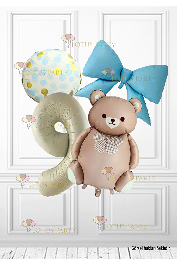 9 Year Old Caramel Retro Bear - Cream Number Balloon - Blue Bow Foil Balloon - Gold Blue Patterned Balloon