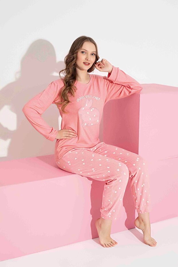 Kadın Nar Çiçeği Tavşan Desen Termal Kumaş Pijama Takımı Anne Kız Kombin Tek Tek Sepete Eklenmeli. - 2