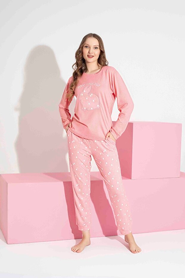 Kadın Nar Çiçeği Tavşan Desen Termal Kumaş Pijama Takımı Anne Kız Kombin Tek Tek Sepete Eklenmeli. - 4