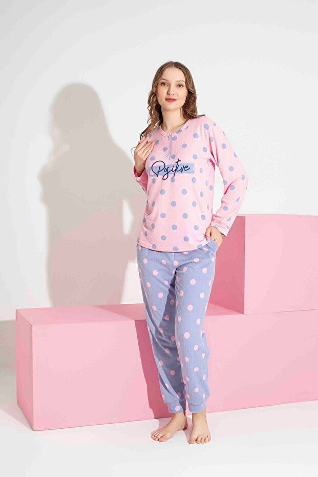 Kadın Puantiye Desenli Termal Kumaş Pijama Takımı Anne Kız Kombin Tek Tek Sepete Eklenmelidir. - 4