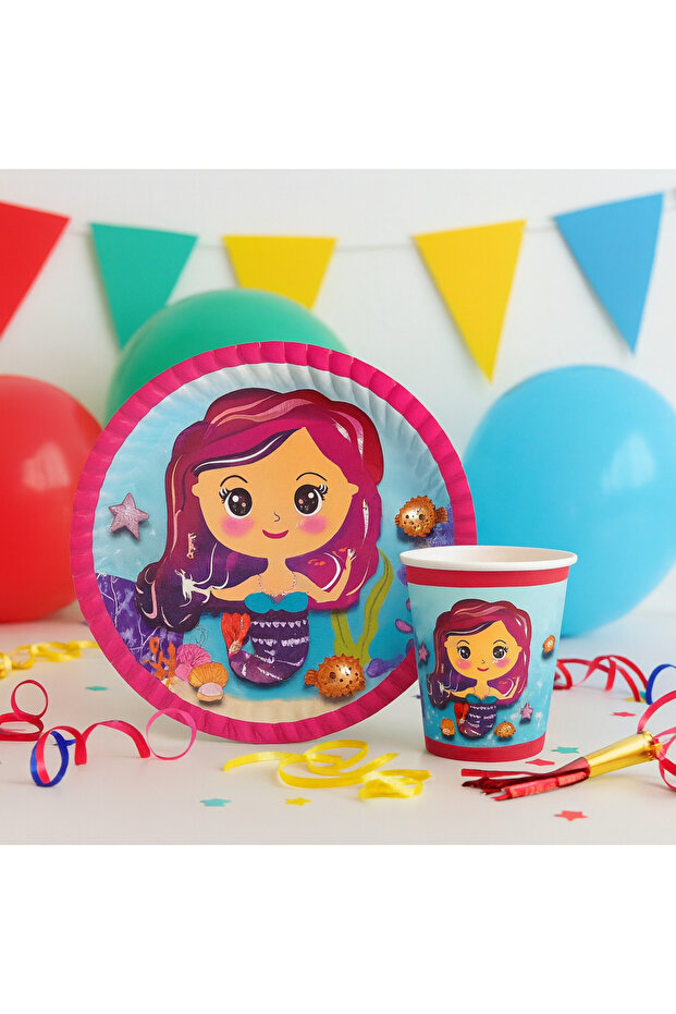 Mermaid Themed Cardboard Plates Cups Set 8 Plates 8 Cups
