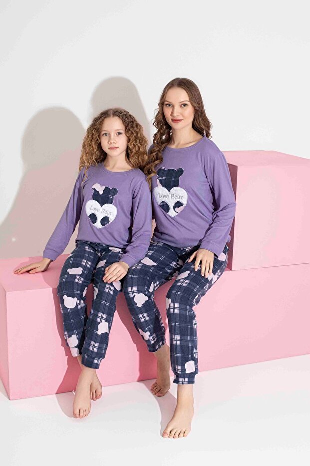Kadın Ayıcık Desenli Termal Kumaş Pijama Takımı Anne Kız Kombin Tek Tek Sepete Eklenmelidir. - 1