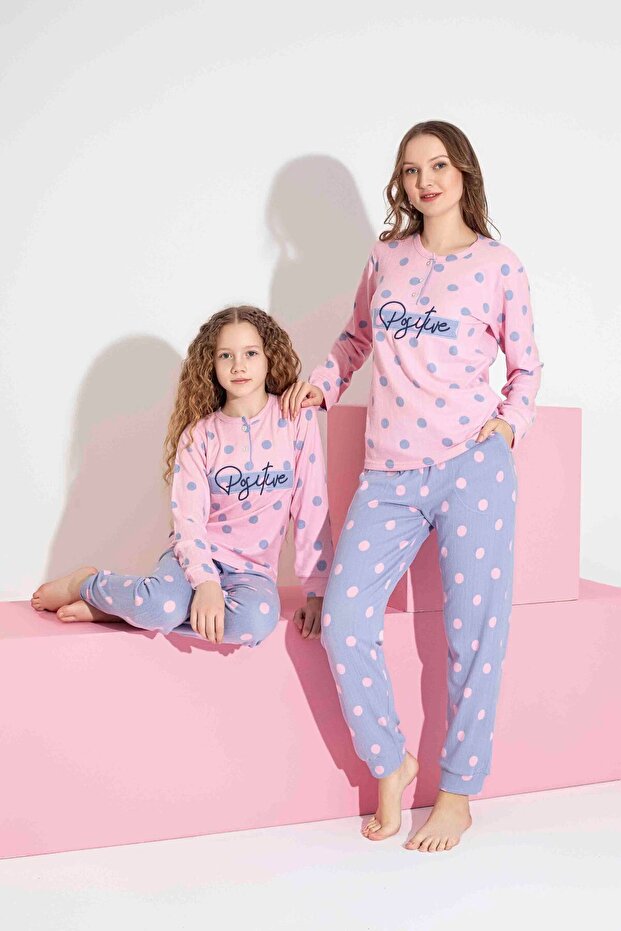 Kadın Puantiye Desenli Termal Kumaş Pijama Takımı Anne Kız Kombin Tek Tek Sepete Eklenmelidir. - 1