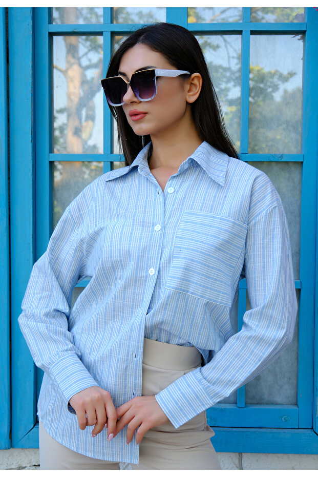 Oversize Çizgili Pamuk Gömlek - 5