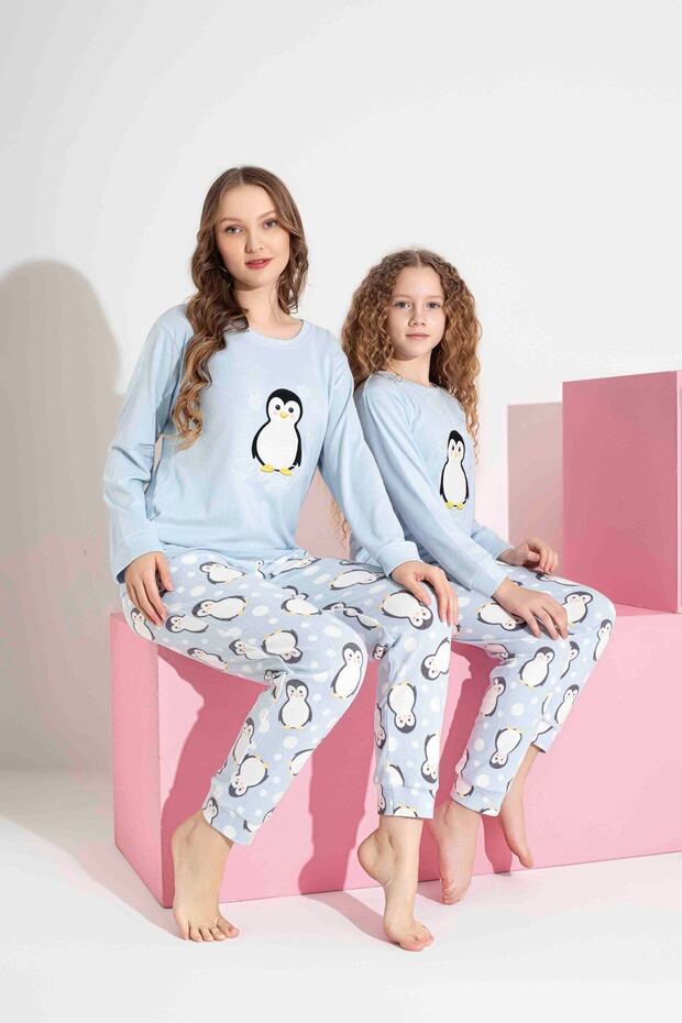 Kadın Penguen Desenli Termal Kumaş Pijama Takımı Anne Kız Kombin Tek Tek Sepete Eklenmelidir. - 1