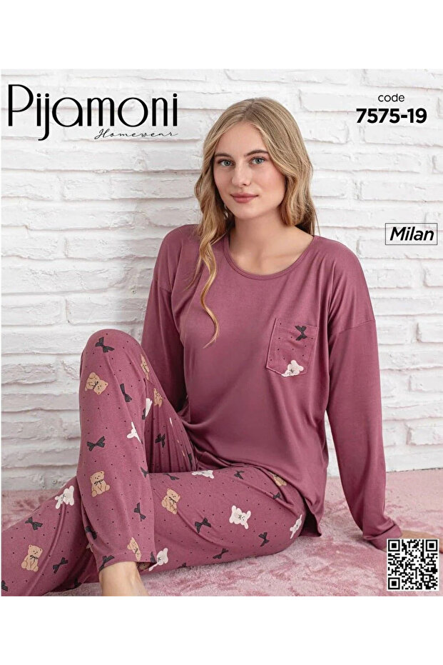 KADIN UZUN KOLLU MİLAN PİJAMA TAKIMI - 1