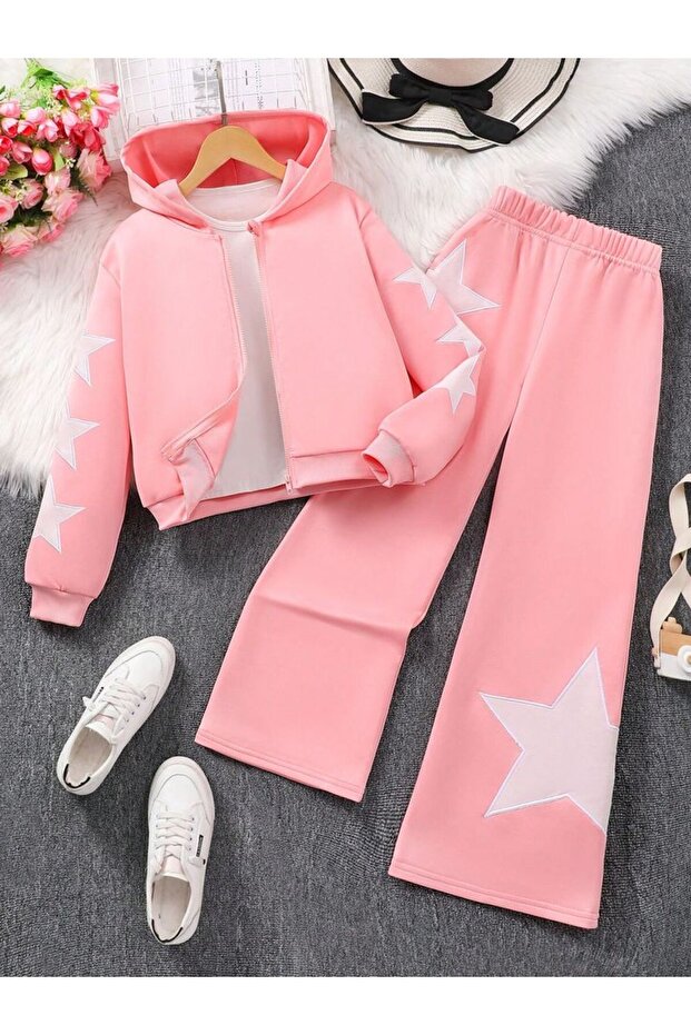 Trendy Girls Solid Color Star Embroidered Hooded Sweatshirtset 2-Piece Bottom Top