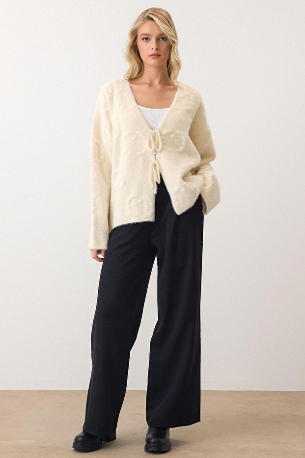 Önden Bağlamalı Soft Triko Hırka EKRU 8267 - 2