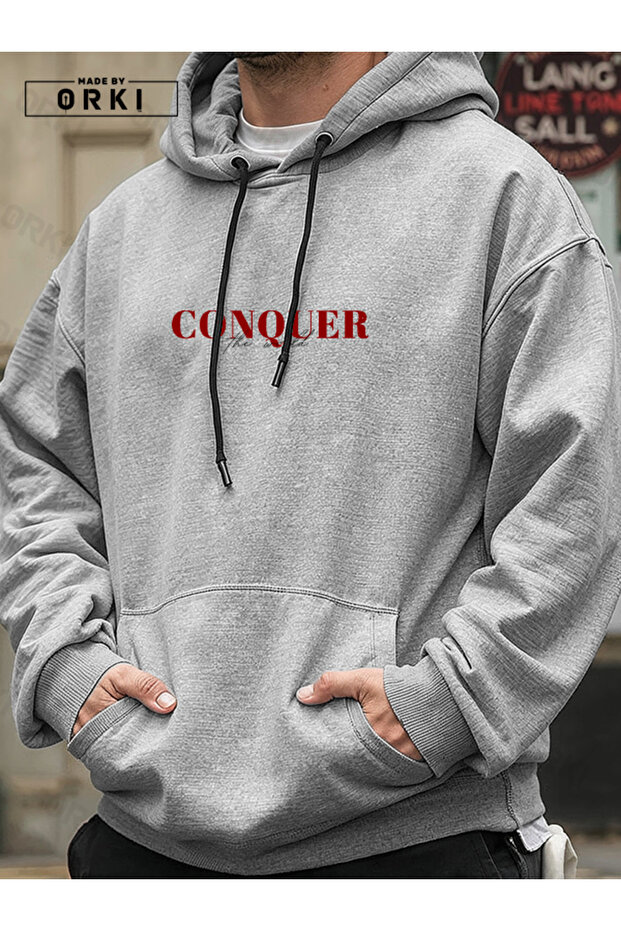 Conquer the World Printed Gray Oversize Hooded Sweatshirt Hoodie