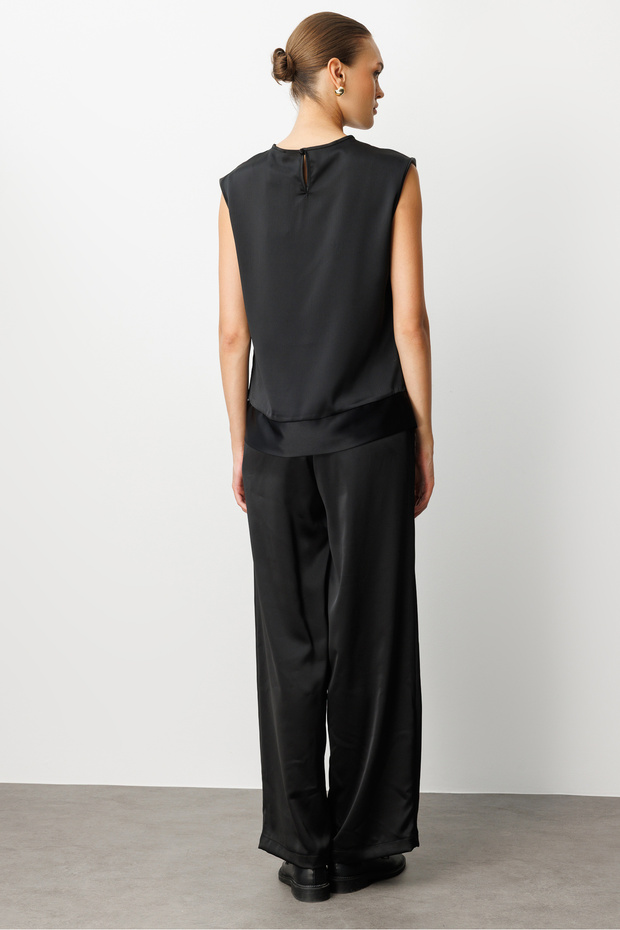 Siyah Kolsuz Basic Saten Bluz - 4