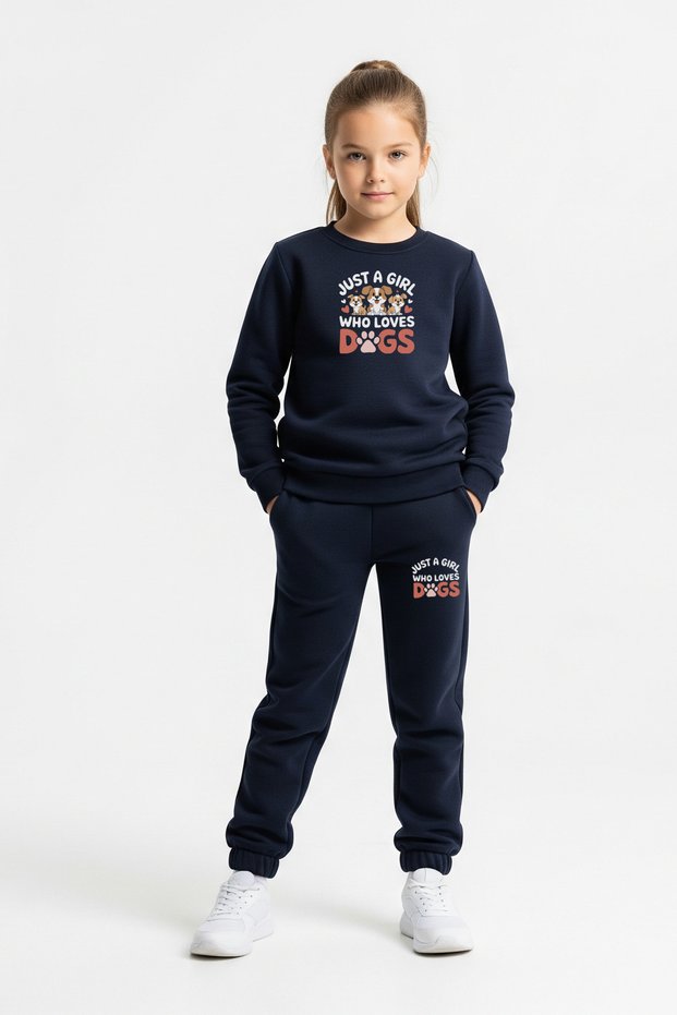 Round Neck Dogs Love Print Detail Girl's Tracksuit Set