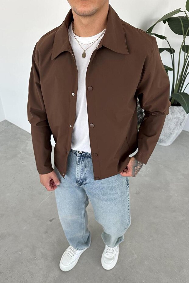 Brown Basic Relaxed Jacket with Snap Buttons