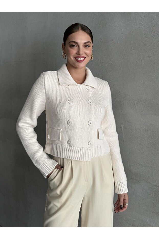 Cream Eight Button Polo Collar Cardigan