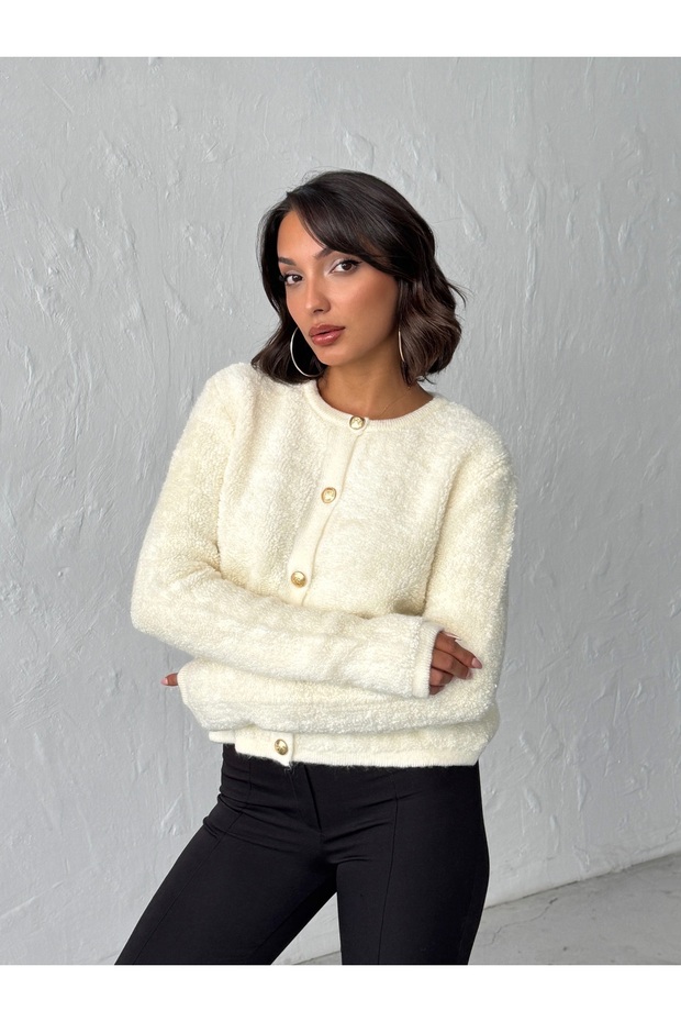 Women's Ecru Towel Woven Buttoned Knit Cardigan