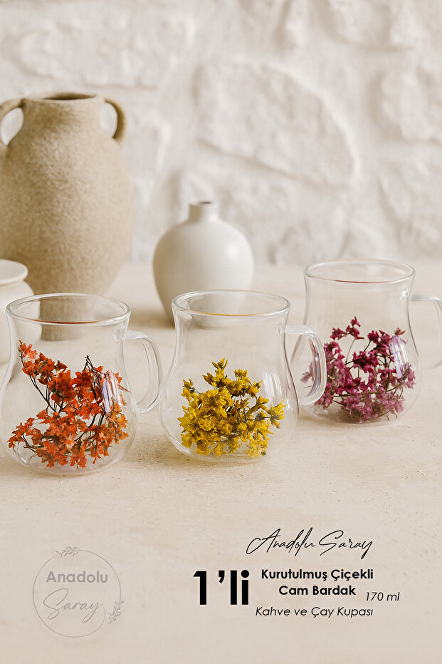 Isıya Dayanıklı Borosilikat Çift Cidarlı Kurutulmuş Çiçekli Cam Bardak – 170 ml Şık Kahve & Çay Kupa - 1