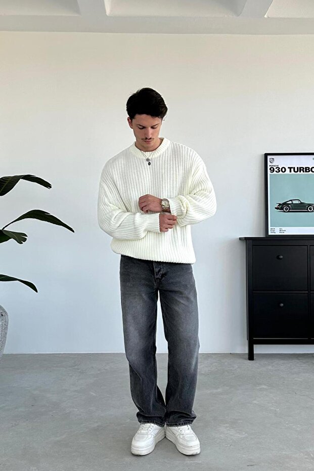 Ekru Bisiklet Yaka Fitilli Oversize Triko Kazak - 4