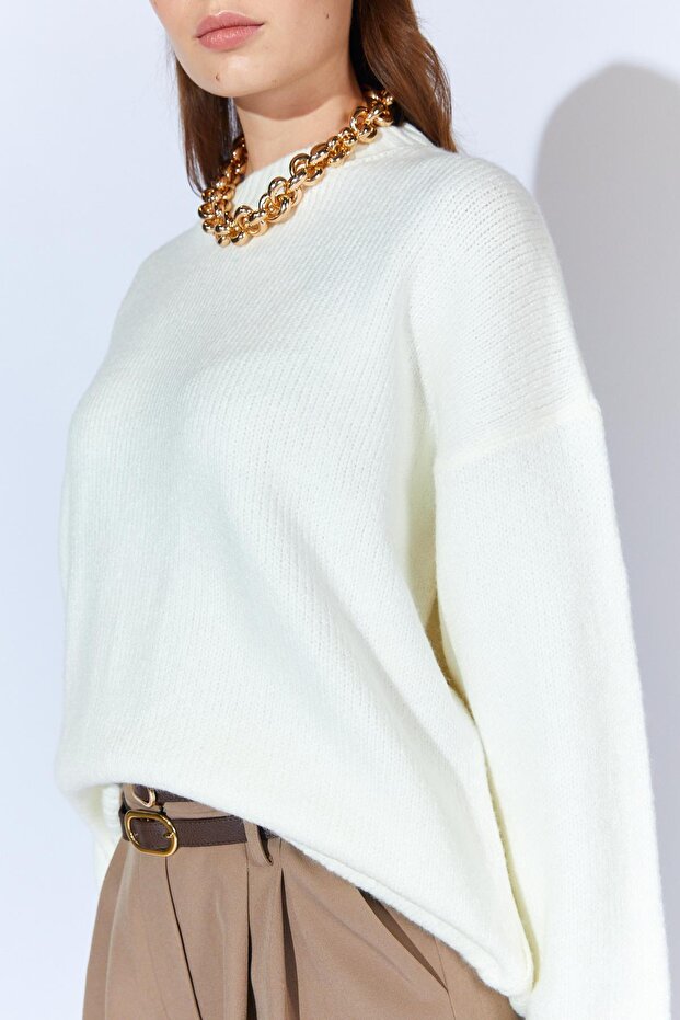 Kadın Krem Bisiklet Yaka Basic Triko Kazak - 7