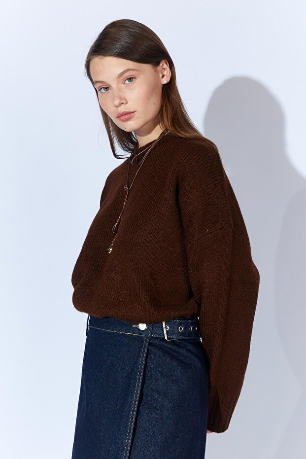 Kadın Kahve Bisiklet Yaka Basic Triko Kazak - 3