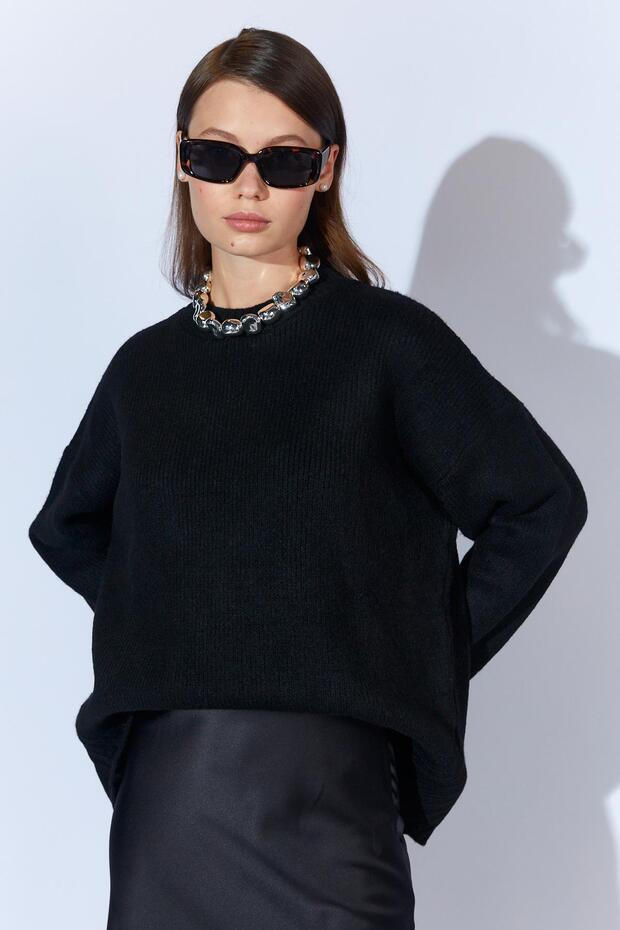 Kadın Siyah Bisiklet Yaka Basic Triko Kazak - 3